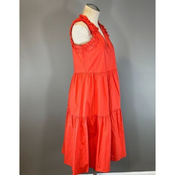 Maggy London Ruffle V- Neck Tiered Cotton Trapeze Dress in Orange Size - Picture 2 of 4